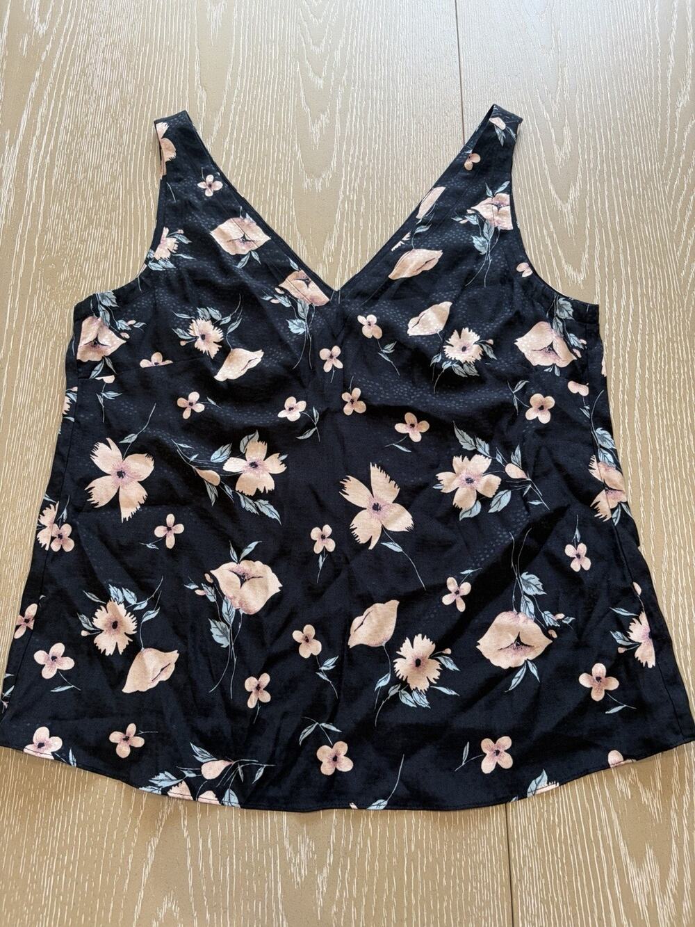Rebecca Taylor Floral V-Neck Tank Top Women’s Size Small Black 52% Silk